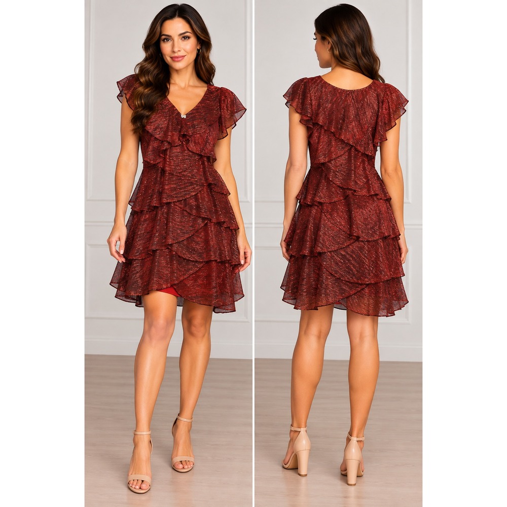 Ignite Evenings Tiered Dress Womens 16 Red New Metallic Ruffle V-Neck 9155124